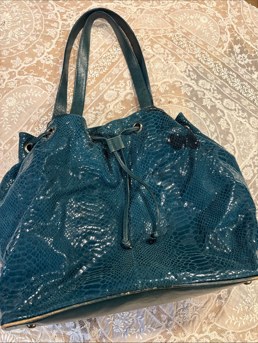 Danier Teal Snake-Embossed Drawstring Shoulder Bag